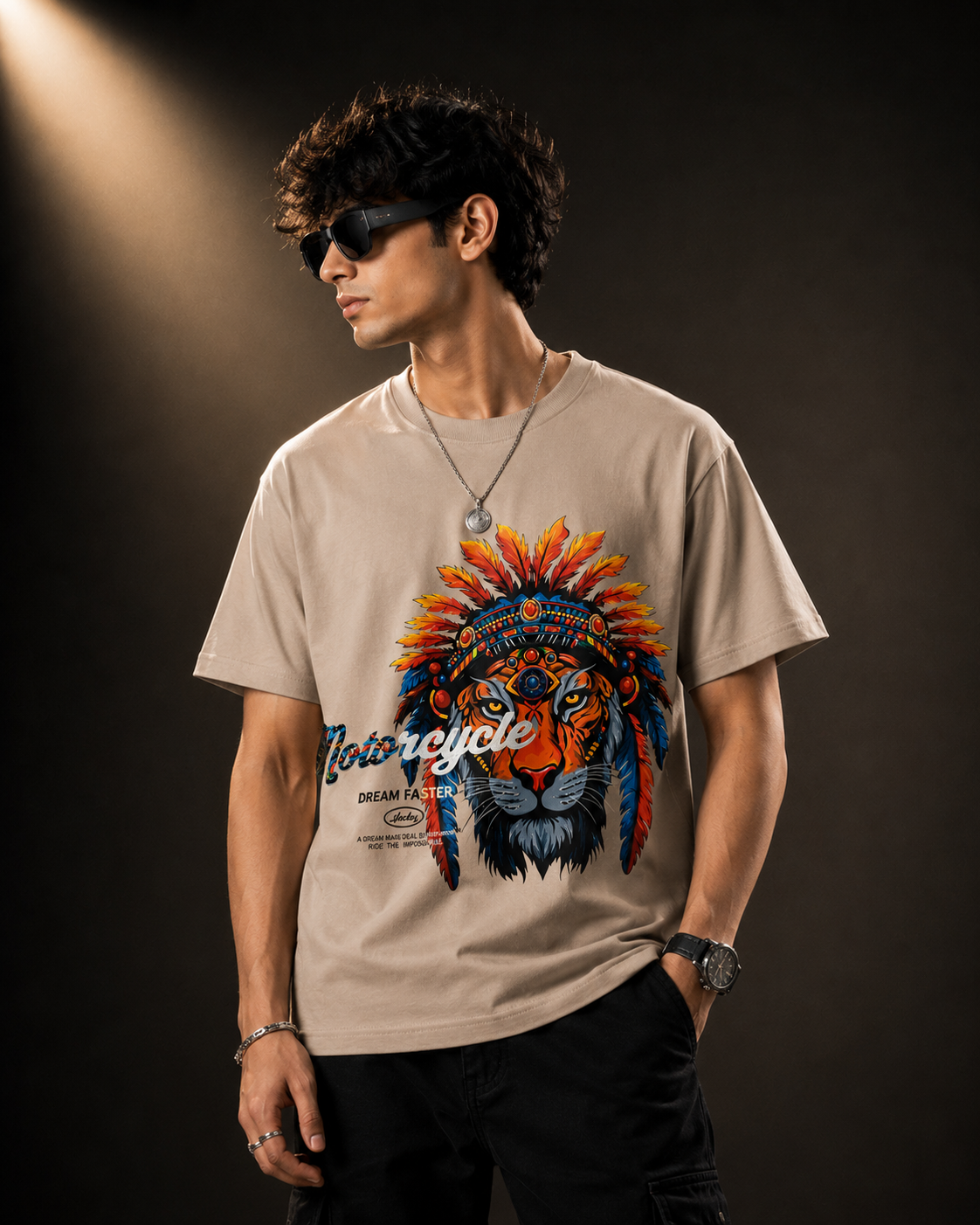 Tribal Tiger Cream Regular Fit T-Shirt