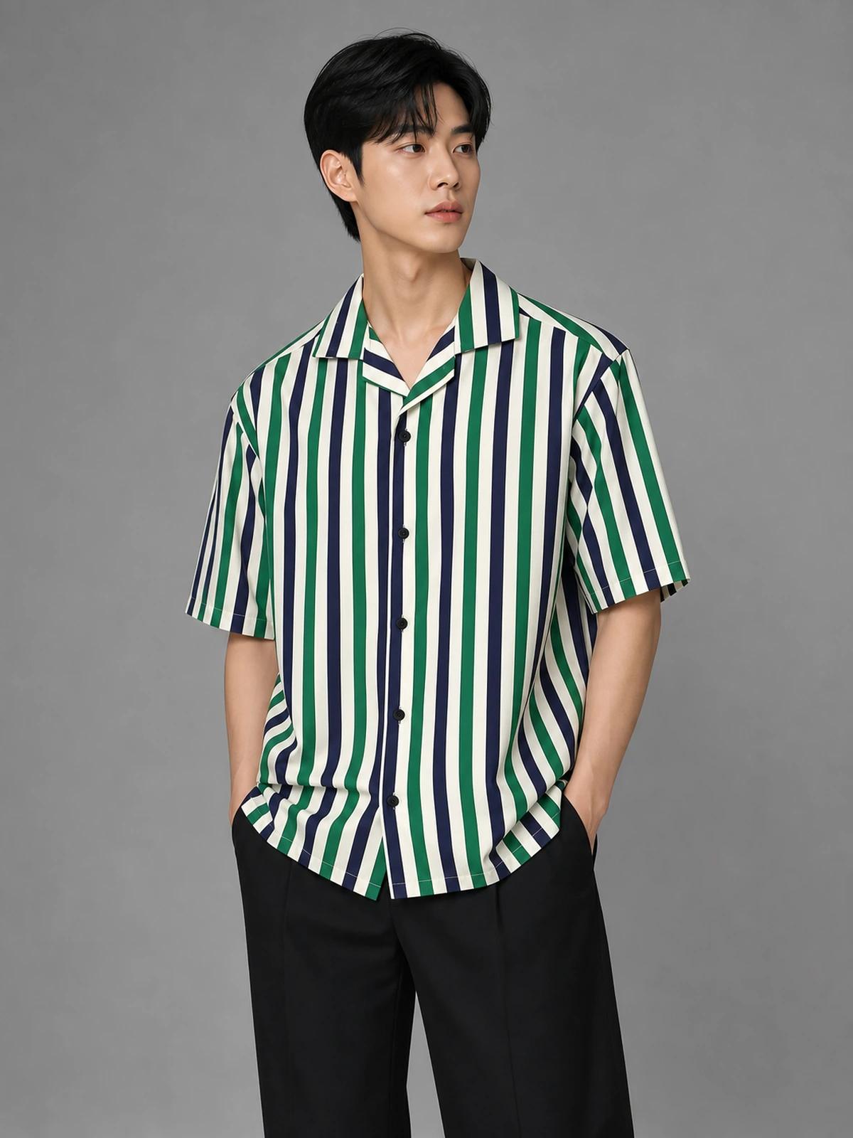 Green & Ocean Blue Boxy-Fit Stripe Shirt