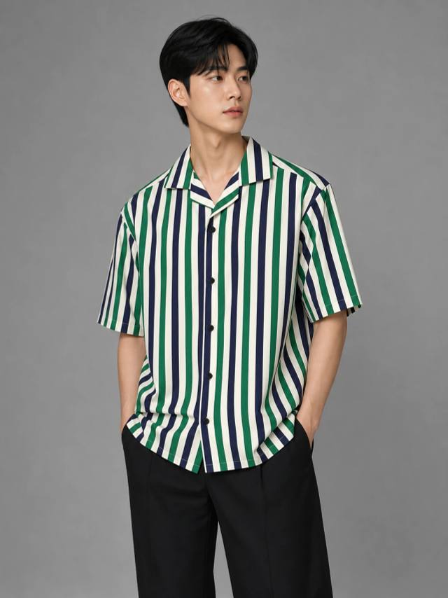 Green & Ocean Blue Boxy-Fit Stripe Shirt