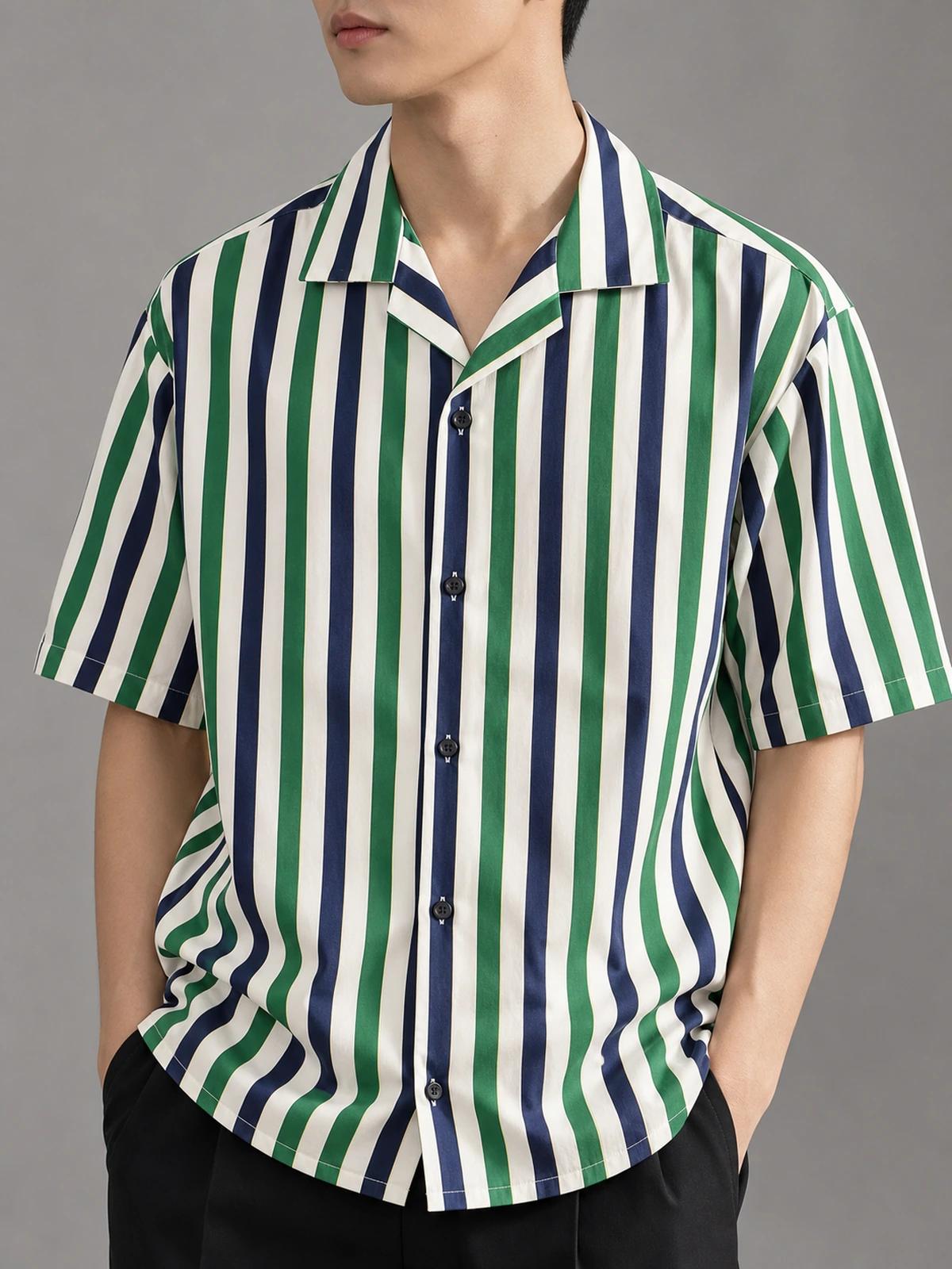 Green & Ocean Blue Boxy-Fit Stripe Shirt