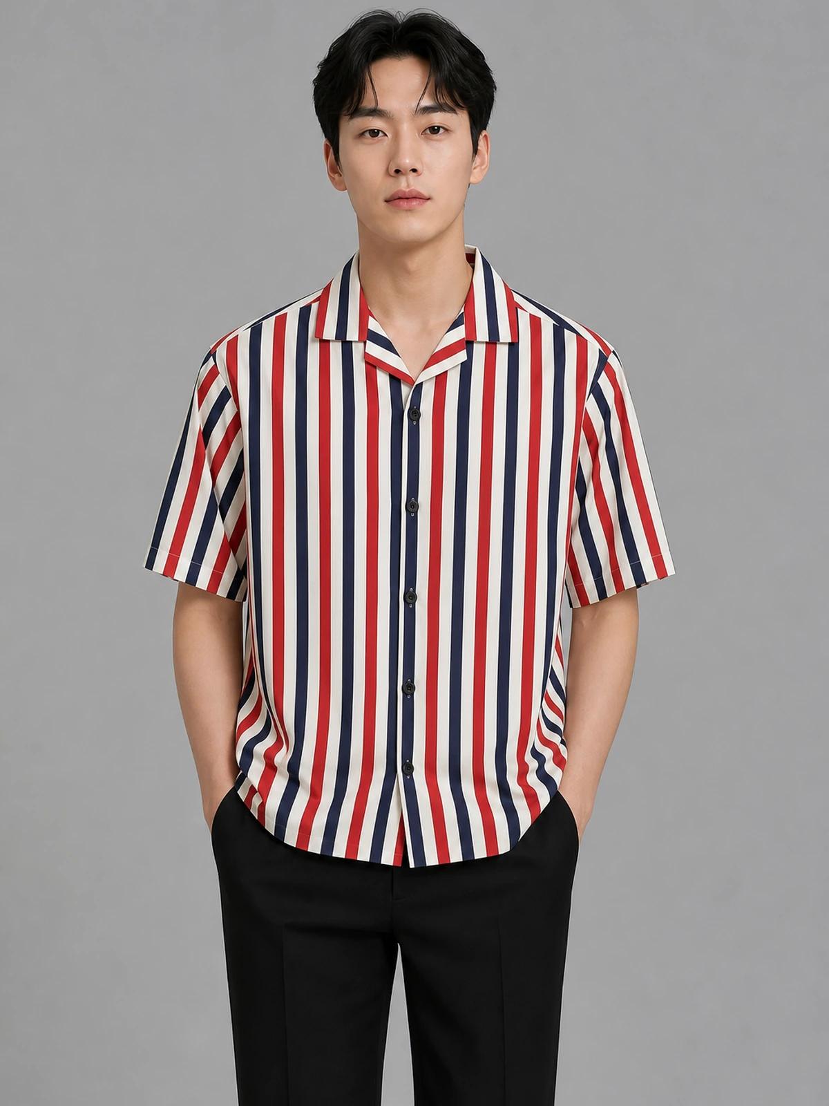 Red & Deep Blue Boxy-Fit Stripe Shirt