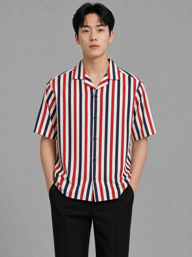 Red & Deep Blue Boxy-Fit Stripe Shirt