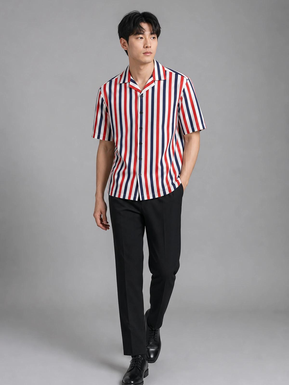 Red & Deep Blue Boxy-Fit Stripe Shirt