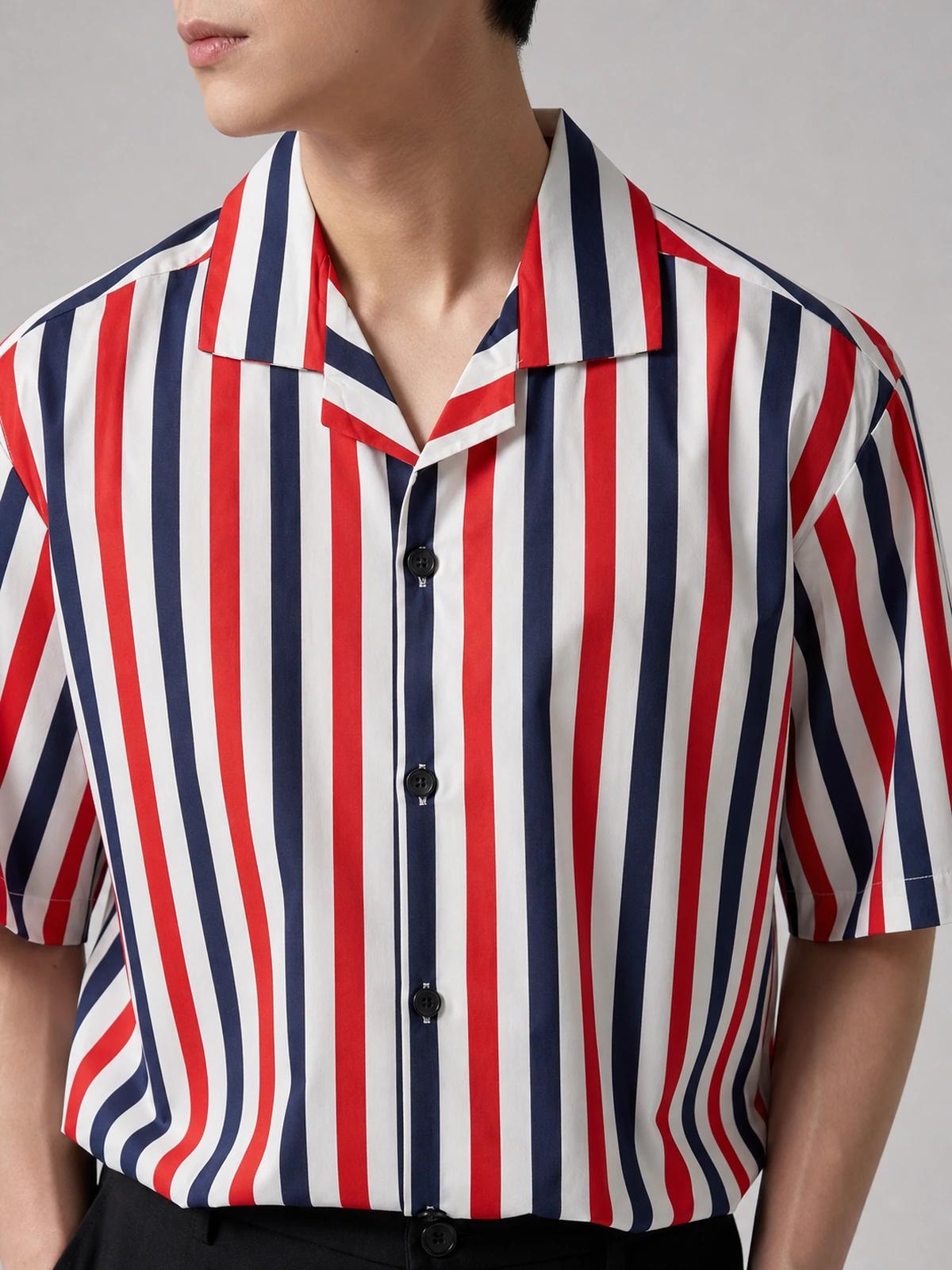 Red & Deep Blue Boxy-Fit Stripe Shirt