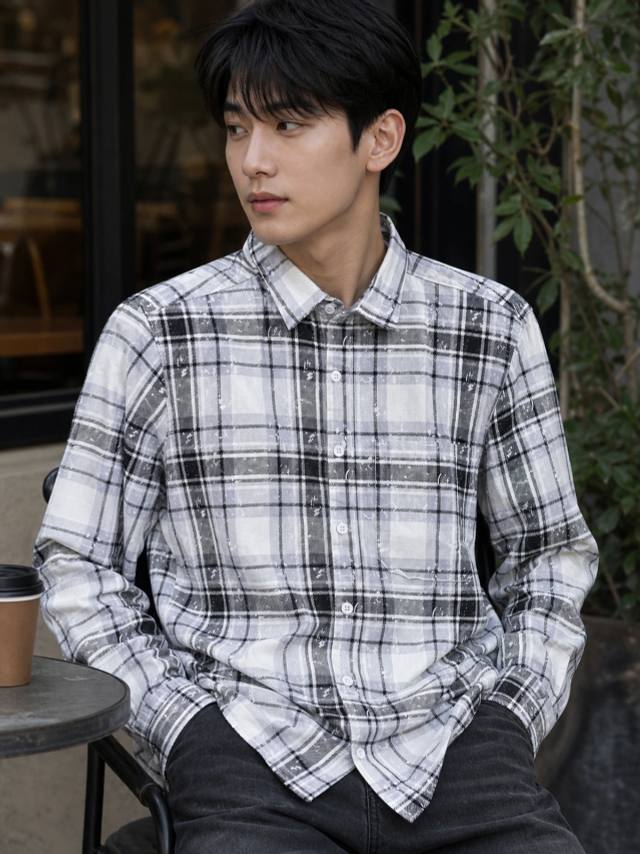 LFOUR37 White & Black Back-Graphic Check Shirt