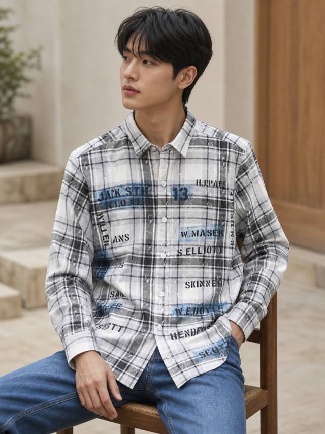 White & Silver Grey Printed Check Shirt
