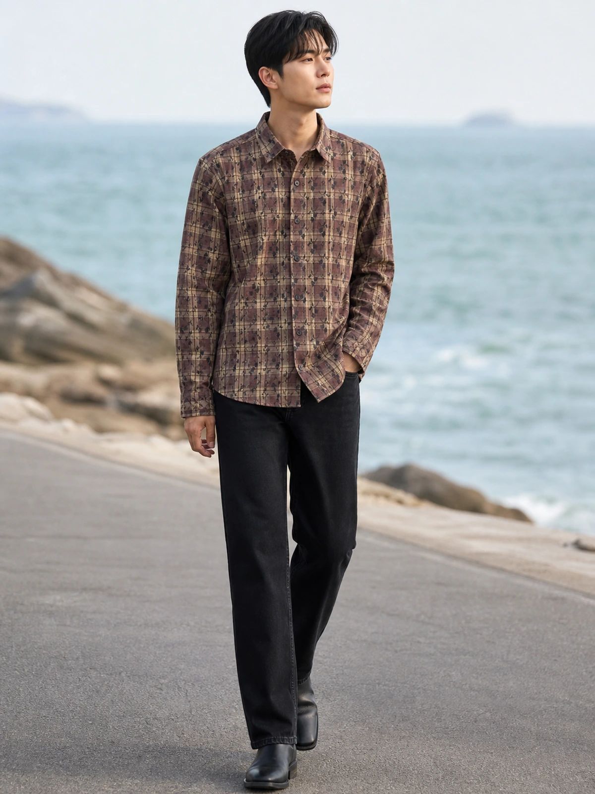 Earth Brown Printed Check Shirt