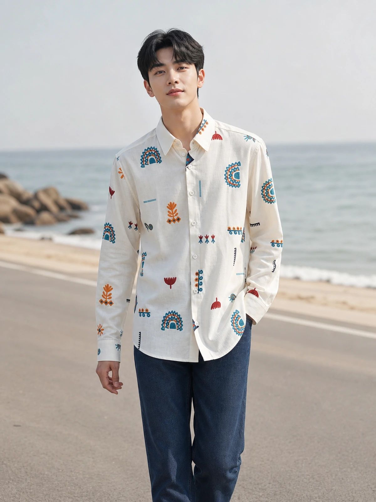 Warm Cream Linen Printed Shirt