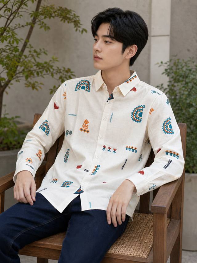 Warm Cream Linen Printed Shirt
