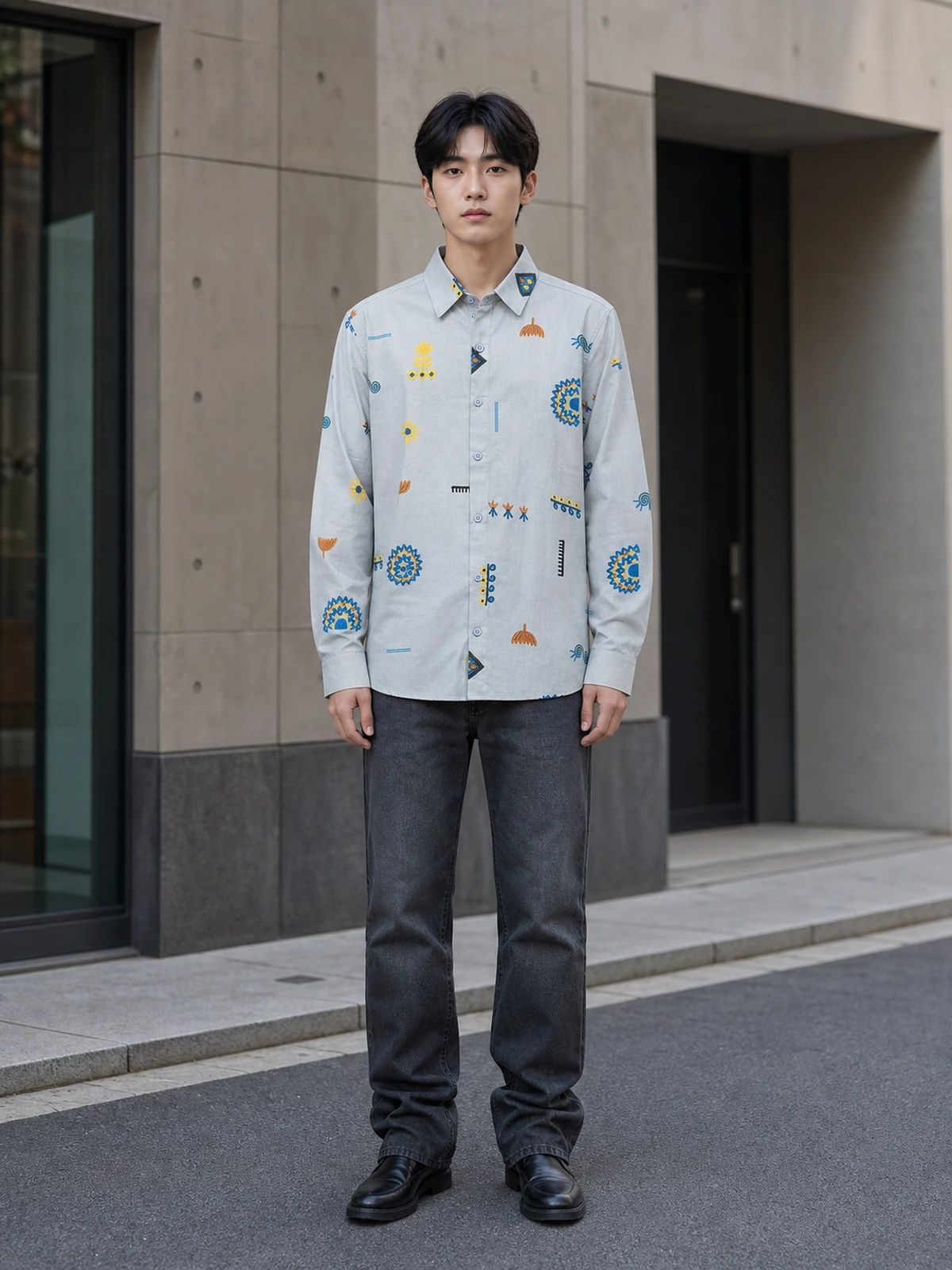Sky Blue Linen Printed Shirt