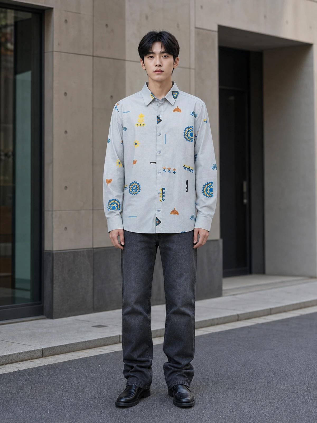Sky Blue Linen Printed Shirt