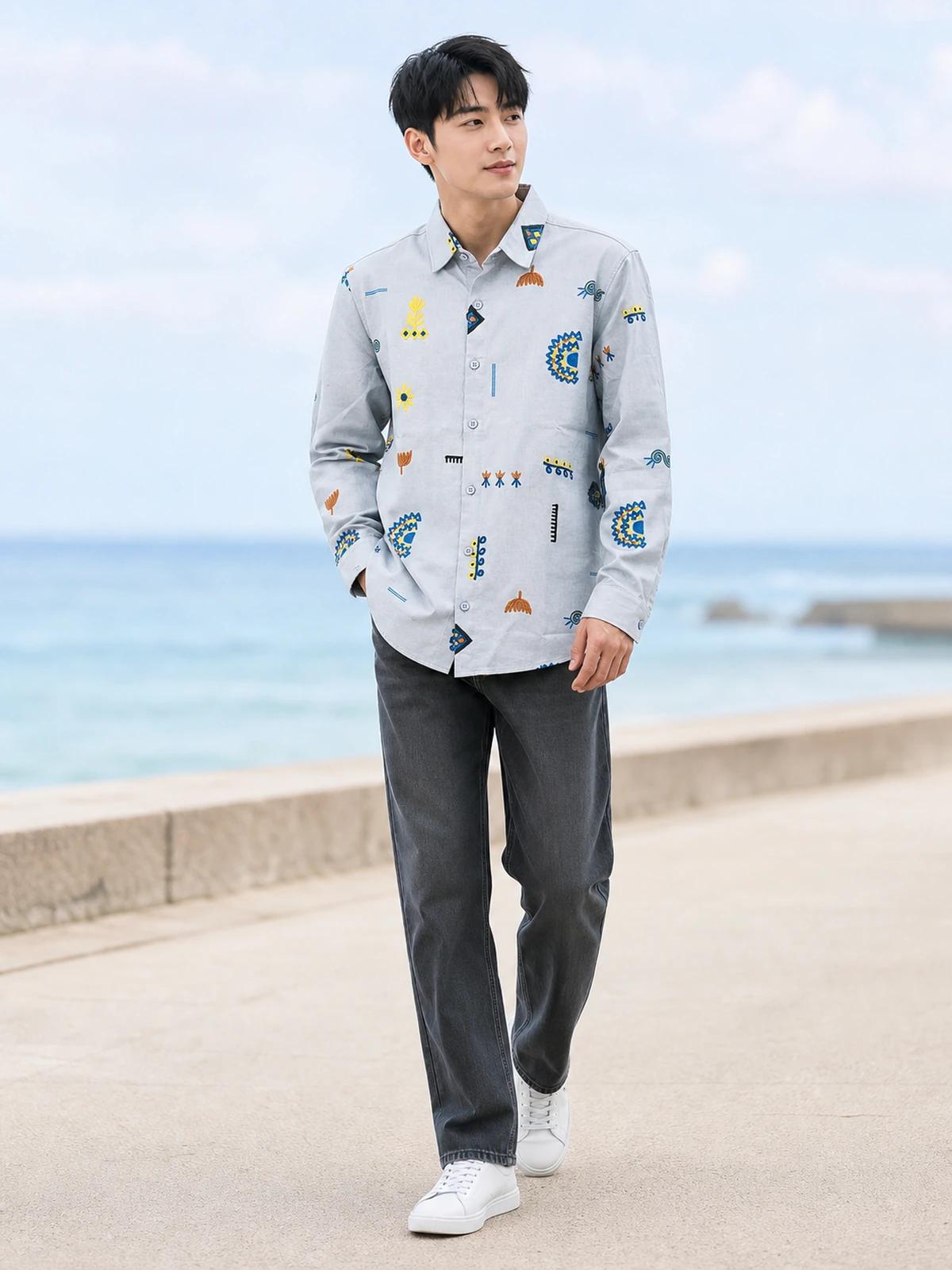 Sky Blue Linen Printed Shirt