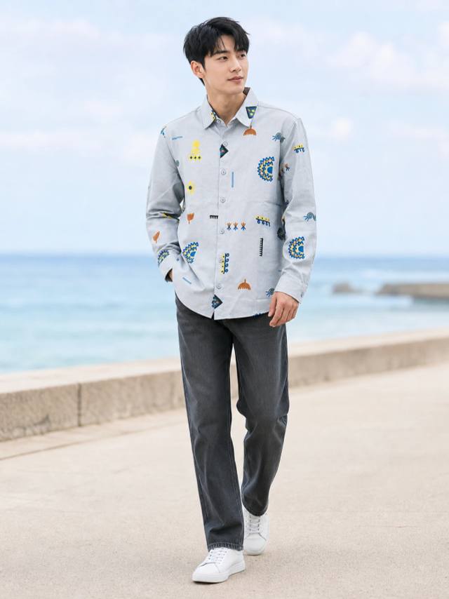 Sky Blue Linen Printed Shirt