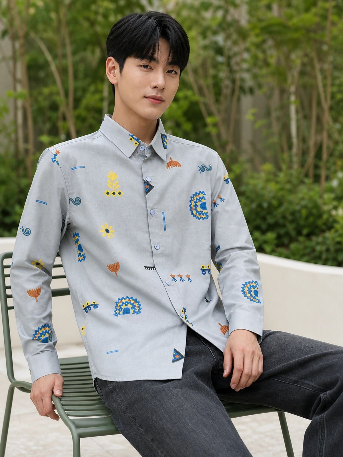 Sky Blue Linen Printed Shirt