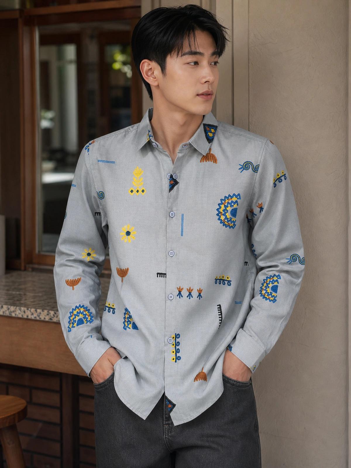 Sky Blue Linen Printed Shirt